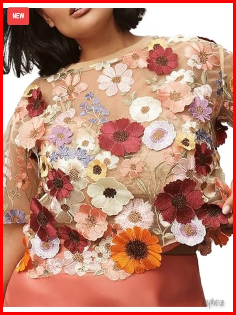 3D Floral Embroidered Sheer Lace Blouse Short Sleeve Crew Neck Women's Top